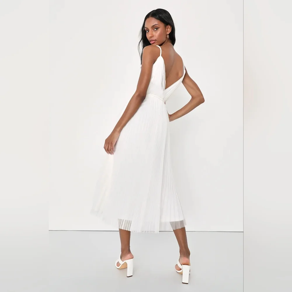 Lulus Sweet Goddess White Mesh Pleated Sleeveless Midi Dress - Picture 4 of 5
